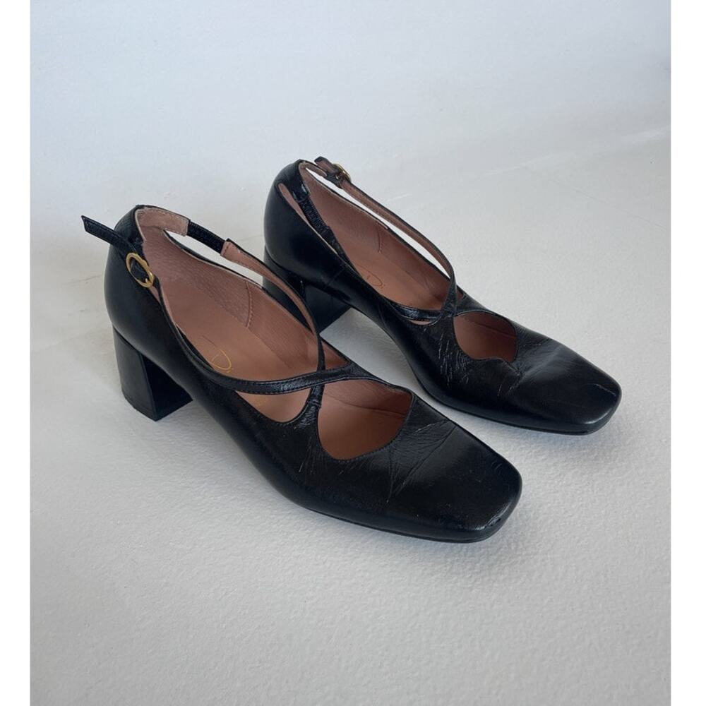 Bianca Di Black Leather Heeled Mary Jane Shoes / Sz 39 / Made in Italy / Minimal